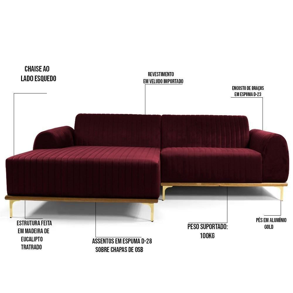 Sofá 320cm 5 Lugares Com Chaise Esquerdo Pés Gold Molino C-278 Veludo Marsala - Domi - 3