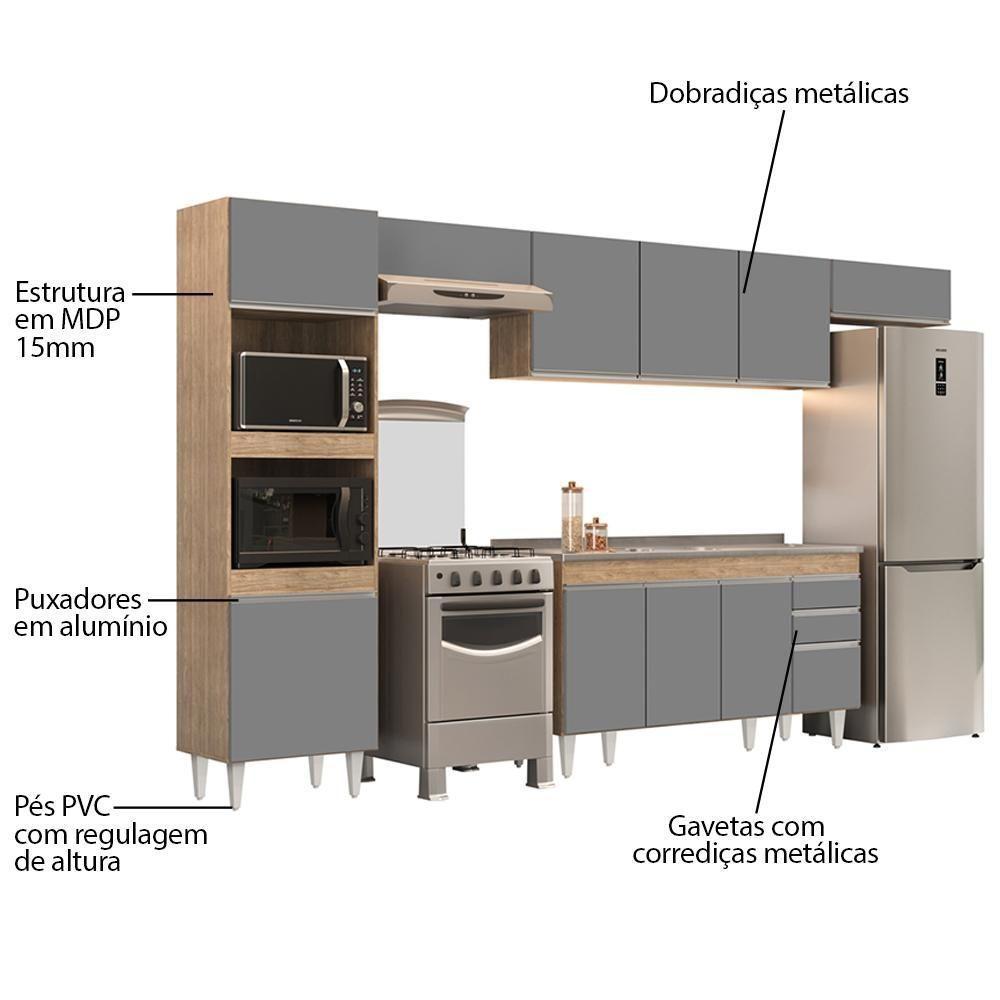 Armário De Cozinha Modulada 5 Peças Cp15 Balcão Com Pia Inox Castanho/cinza - Lumil - 3