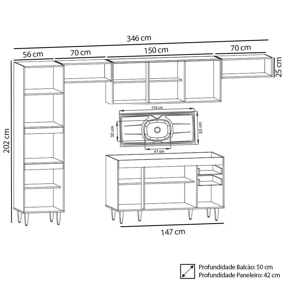 Armário De Cozinha Modulada 5 Peças Cp15 Balcão Com Pia Inox Castanho/cinza - Lumil - 4