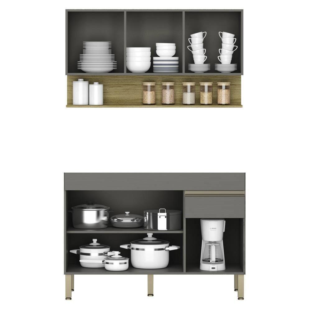 Armário De Cozinha Com Balcão Sem Tampo 120cm Lina K02 Gris/freijó - Mpozenato - 3