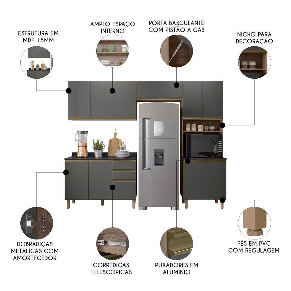 Armário De Cozinha 4 Peças Com Tampo Lita N03 Carvalho/grafite - Mpozenato - 3