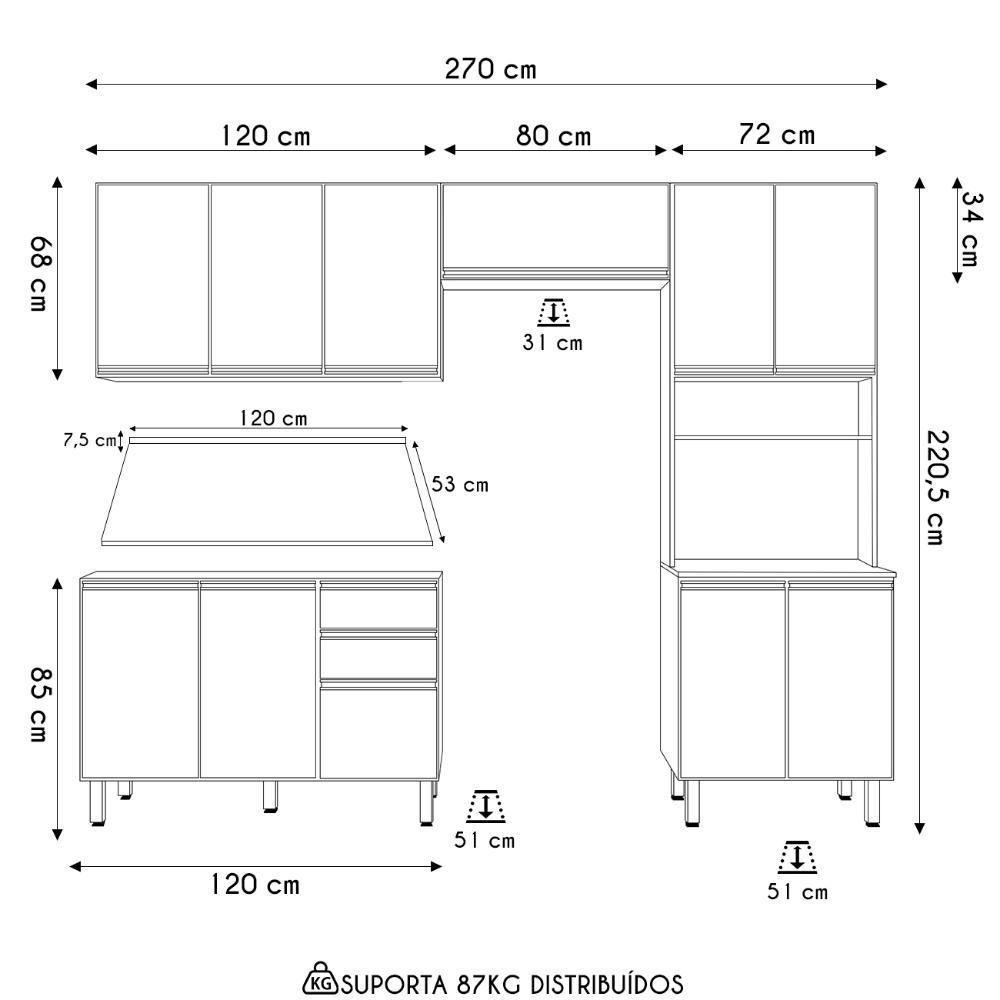 Armário De Cozinha 4 Peças Com Tampo Lita N03 Carvalho/grafite - Mpozenato - 4