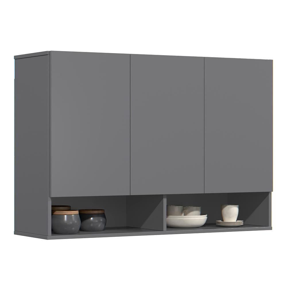 Armário De Cozinha Aéreo 3 Portas 2 Nichos 91cm Milão Cinza - Ej Móveis - 1