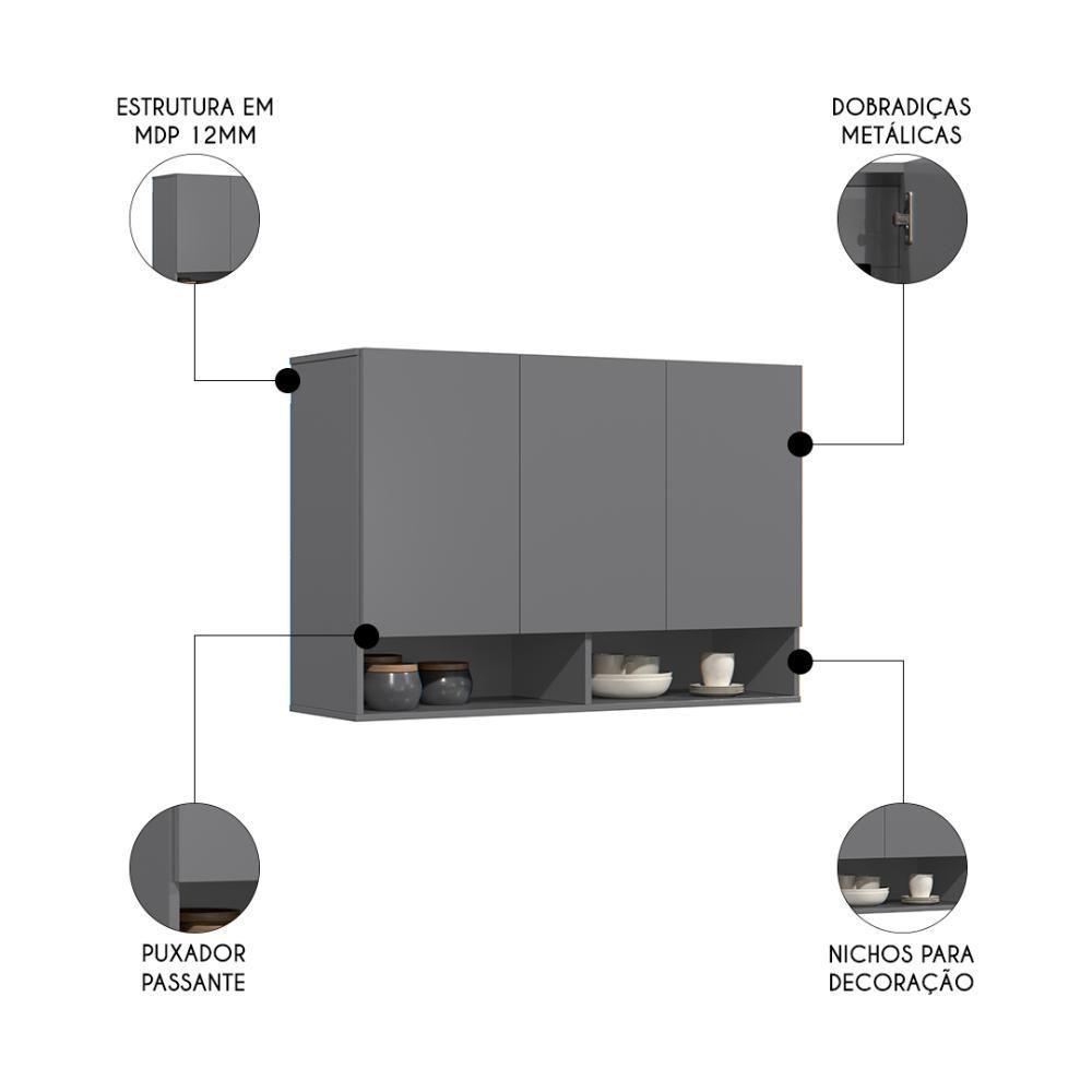 Armário De Cozinha Aéreo 3 Portas 2 Nichos 91cm Milão Cinza - Ej Móveis - 3