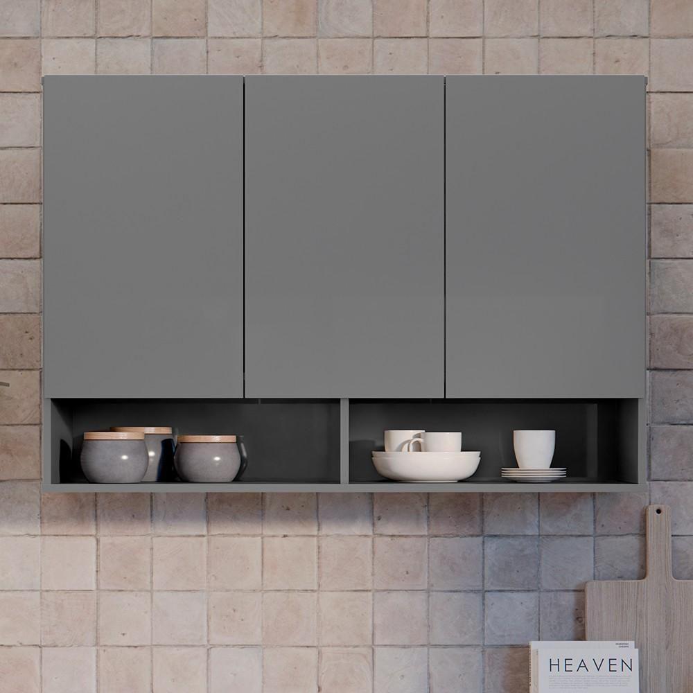 Armário De Cozinha Aéreo 3 Portas 2 Nichos 91cm Milão Cinza - Ej Móveis - 6