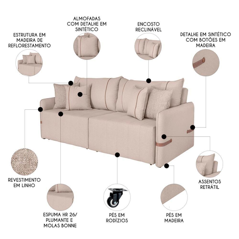 Sofá Cama Retrátil 220cm Essence D05 Linho Bege/camel - Mpozenato - 3