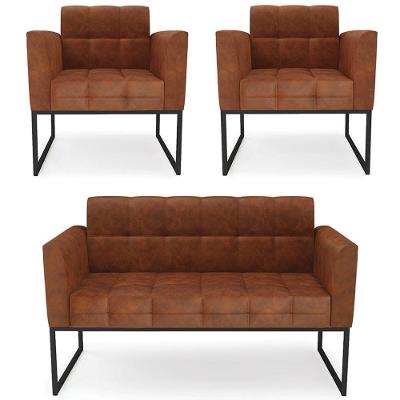 Sofá Namoradeira E 2 Poltronas Base Industrial Preto Ana Sintético Pu Nozes - Ibiza