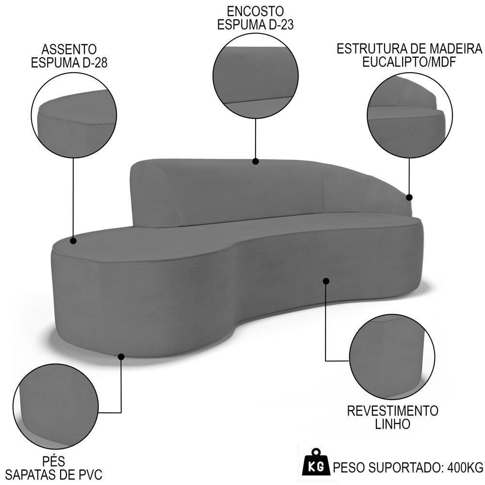 Sofá Living 4 Lugares 280cm Braço Direito Mozart D06 Linho Cinza Escuro - Mpozenato - 3
