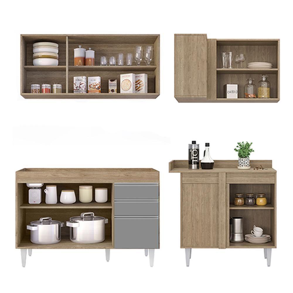 Armário De Cozinha Modulado De Canto Esquerdo 4 Peças Cp46 Balcão Sem Tampo Castanho/cinza - Lumil - 6