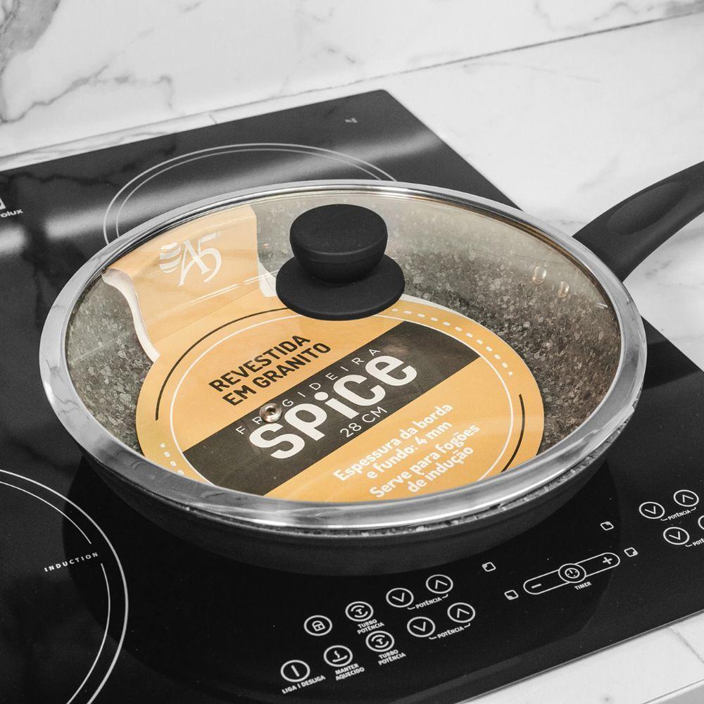 Frigideira A Indução Com Tampa Antiaderente Granito Preta 28cm - 5