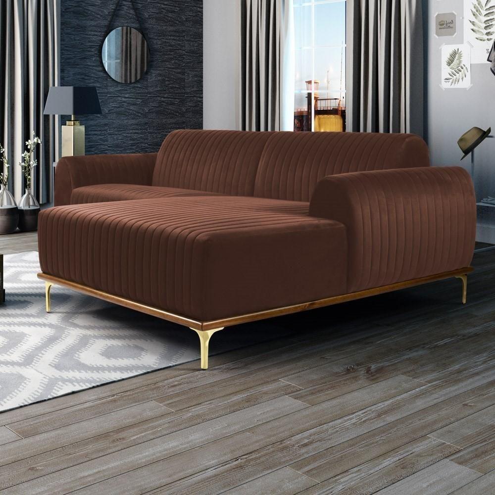 Sofá 245cm 4 Lugares Com Chaise Direito Pés Gold Molino C-276 Veludo Terra - Domi - 2