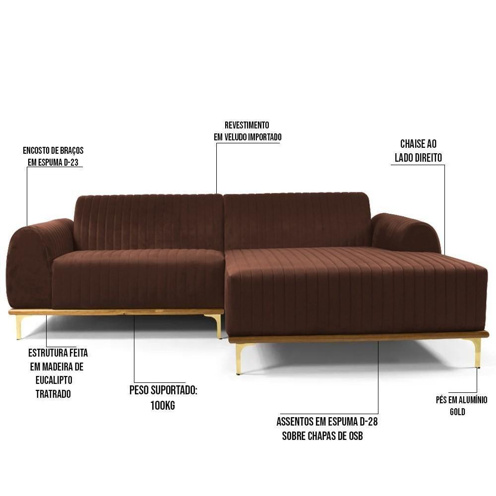 Sofá 245cm 4 Lugares Com Chaise Direito Pés Gold Molino C-276 Veludo Terra - Domi - 3
