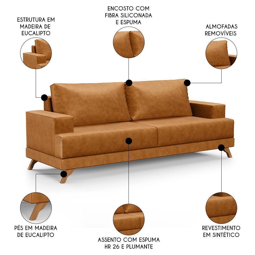 Sofá 3 Lugares 200cm Living Pés Curvos Santi D05 Sintético Whisky - Mpozenato - 3