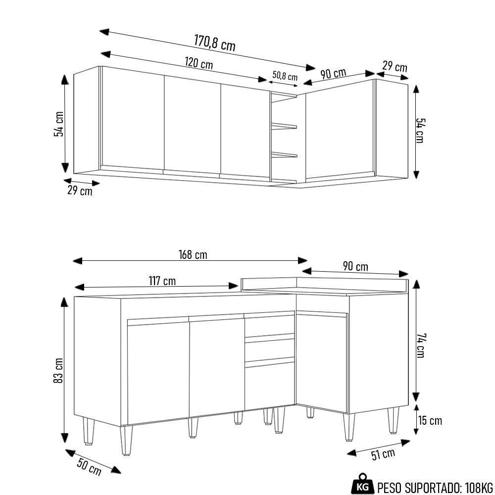 Armário De Cozinha Modulado De Canto Esquerdo 4 Peças Cp46 Balcão Sem Tampo Castanho/preto - Lumil - 8