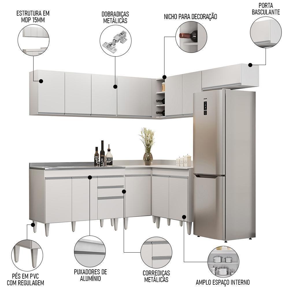 Armário De Cozinha Modulado De Canto 7 Peças Cp21 Com Pia Inox Branco - Lumil - 8