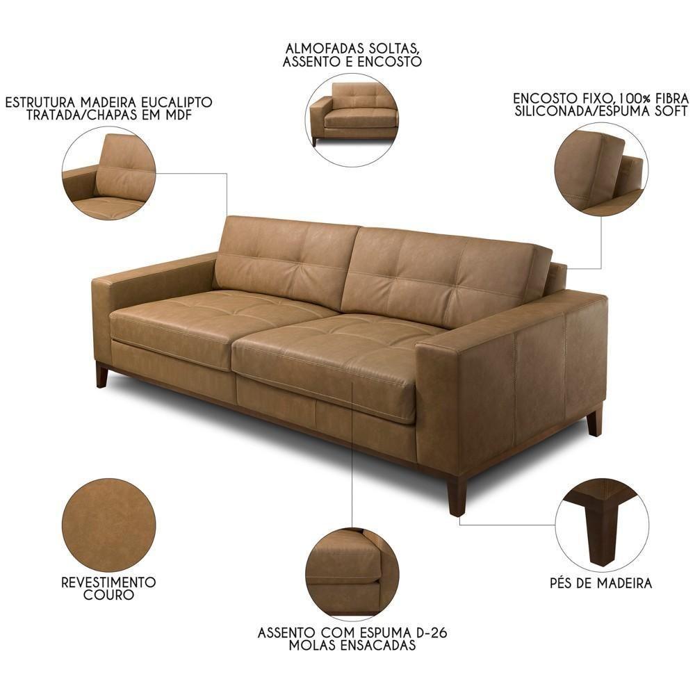 Sofá 3 Lugares Para Sala Living 210cm Ronie L08 Couro Camel - Mpozenato - 8