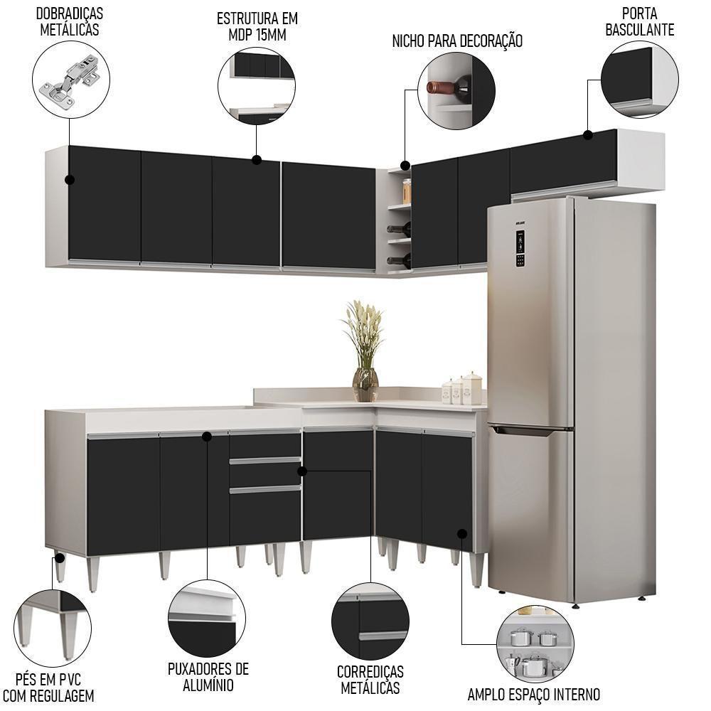 Armário De Cozinha Modulado De Canto 7 Peças Cp19 Balcão Sem Tampo Branco/preto - Lumil - 2