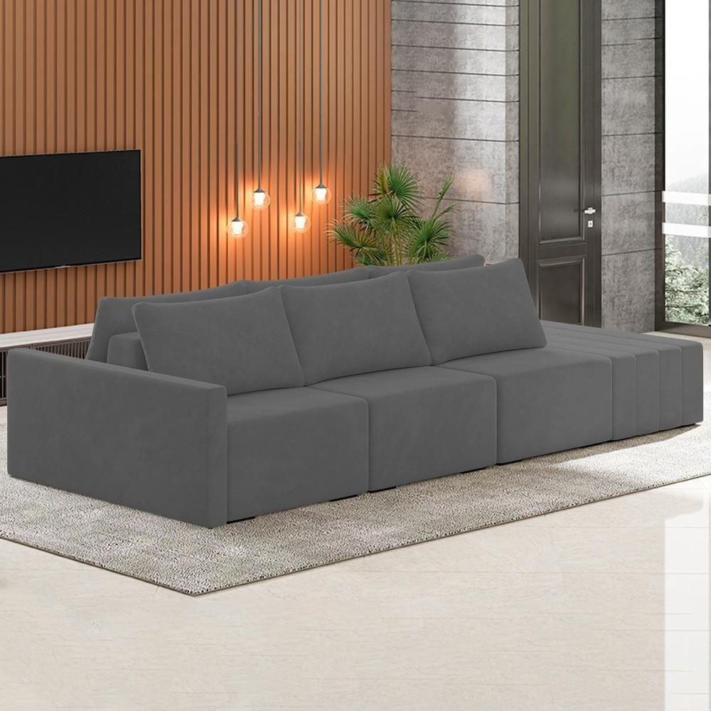 Sofá Ilha Modular Com Puff Para Sala Living 342cm Georgia K04 Veludo Cinza Escuro - Mpozenato - 3