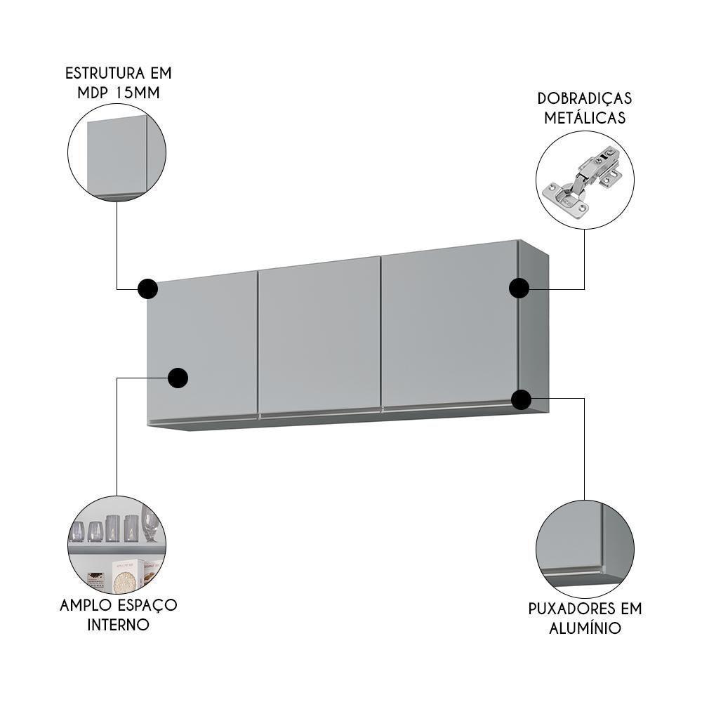 Armário De Cozinha Aéreo 150cm 3 Portas Argélia Cinza Claro - Lumil - 3