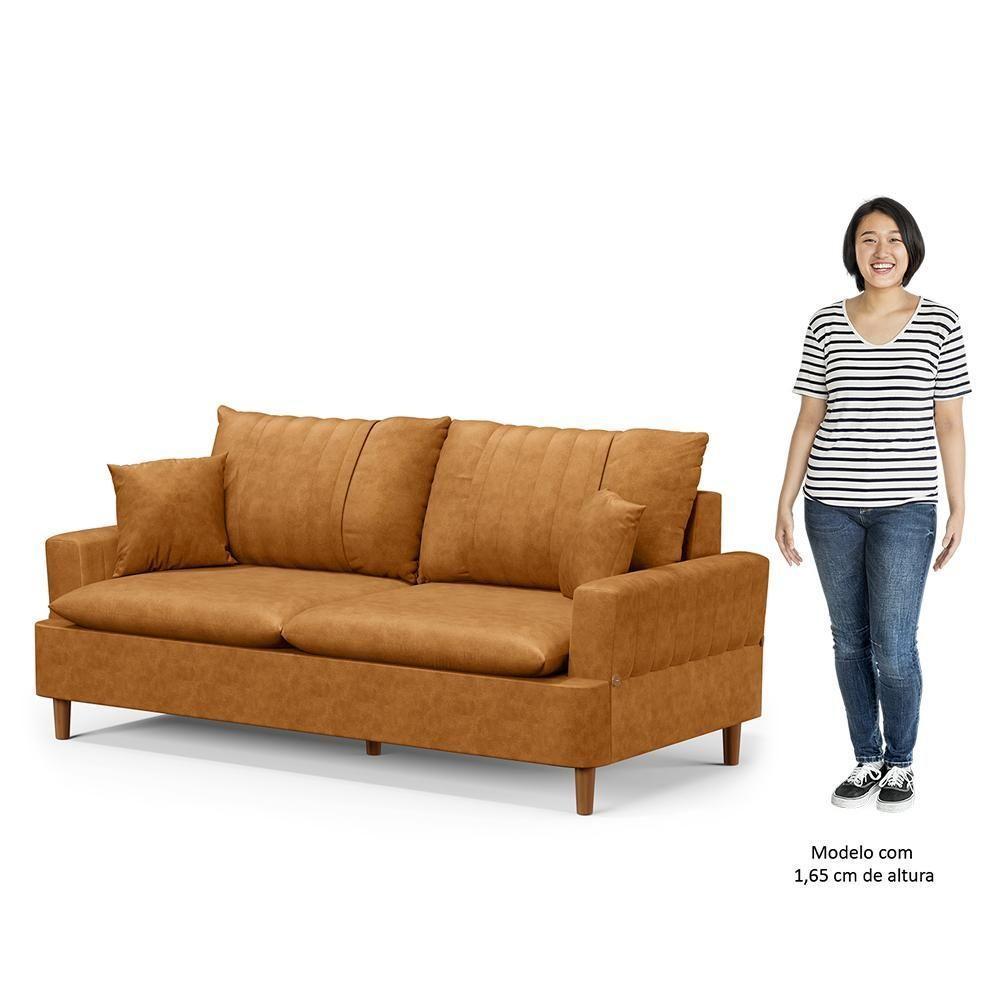 Sofá 3 Lugares 180cm Living Pés De Madeira Veras D05 Sintético Whisky - Mpozenato - 5