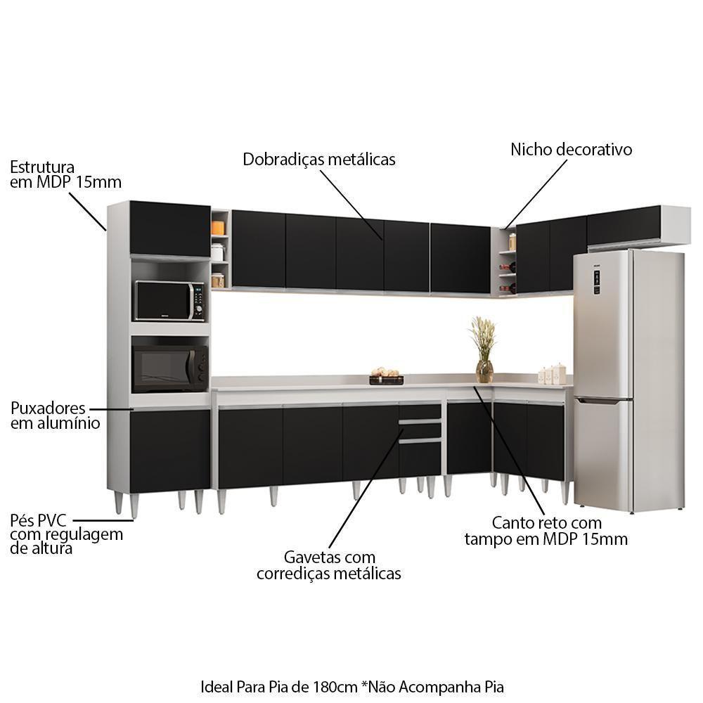 Armário De Cozinha Modulada De Canto 9 Peças Cp05 Balcão Com Tampo Branco/preto - Lumil - 3