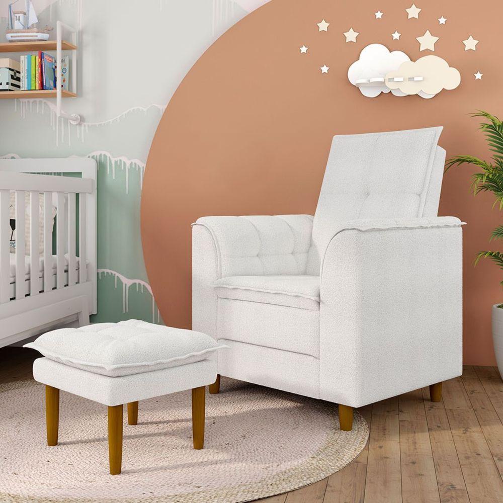 Poltrona Amamentação Confortável Com Puff Ayla Bouclê Off White - 2