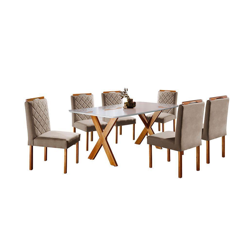 Conjunto Sala De Jantar 6 Lugares Espanha Mesa E Cadeiras Mel/off-white/linho Areia - 1