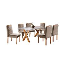 Conjunto Sala De Jantar 6 Lugares Espanha Mesa E Cadeiras Mel/off-white/linho Areia - 1
