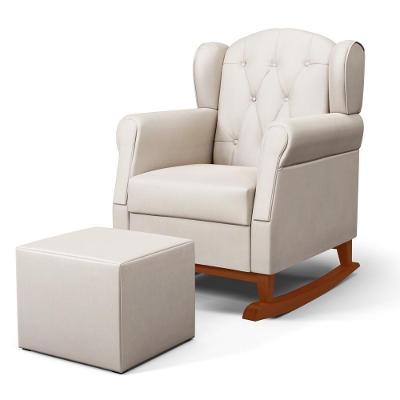 Poltrona Amamentação Base Madeira Balanço E Puff Lucy P04 Suede Bege - Mpozenato