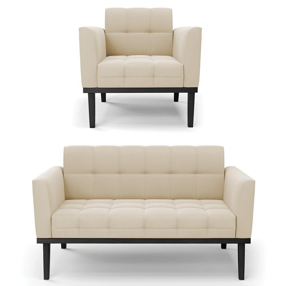 Sofá Namoradeira E 1 Poltrona Base Madeira Preto Ana Suede Bege - Ibiza - 1