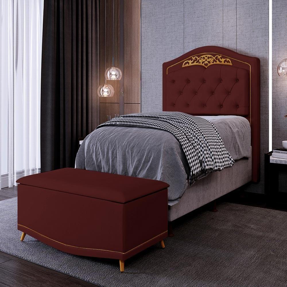 Cabeceira Cama Box Solteiro 90cm Com Calçadeira Baú Imperial J02 Veludo Vinho - Mpozenato - 2