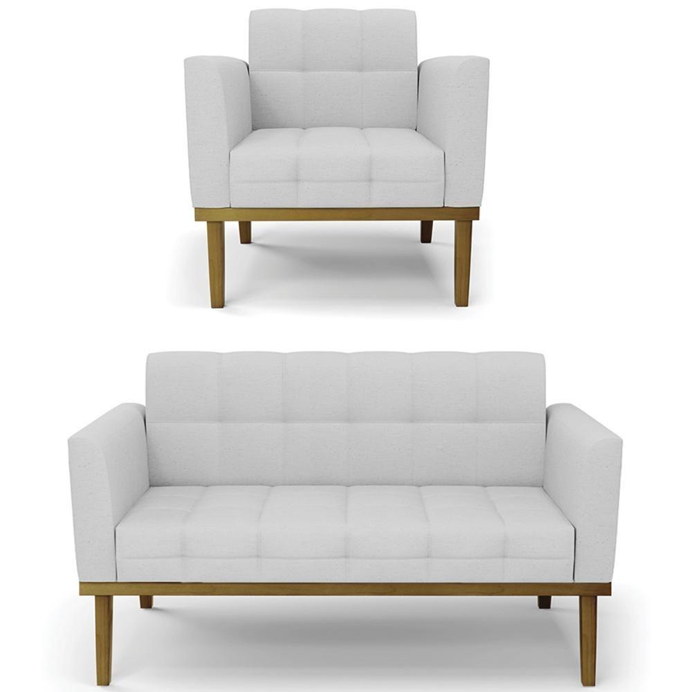 Sofá Namoradeira E 1 Poltrona Base Madeira Castanho Ana Linho Cinza - Ibiza - 1