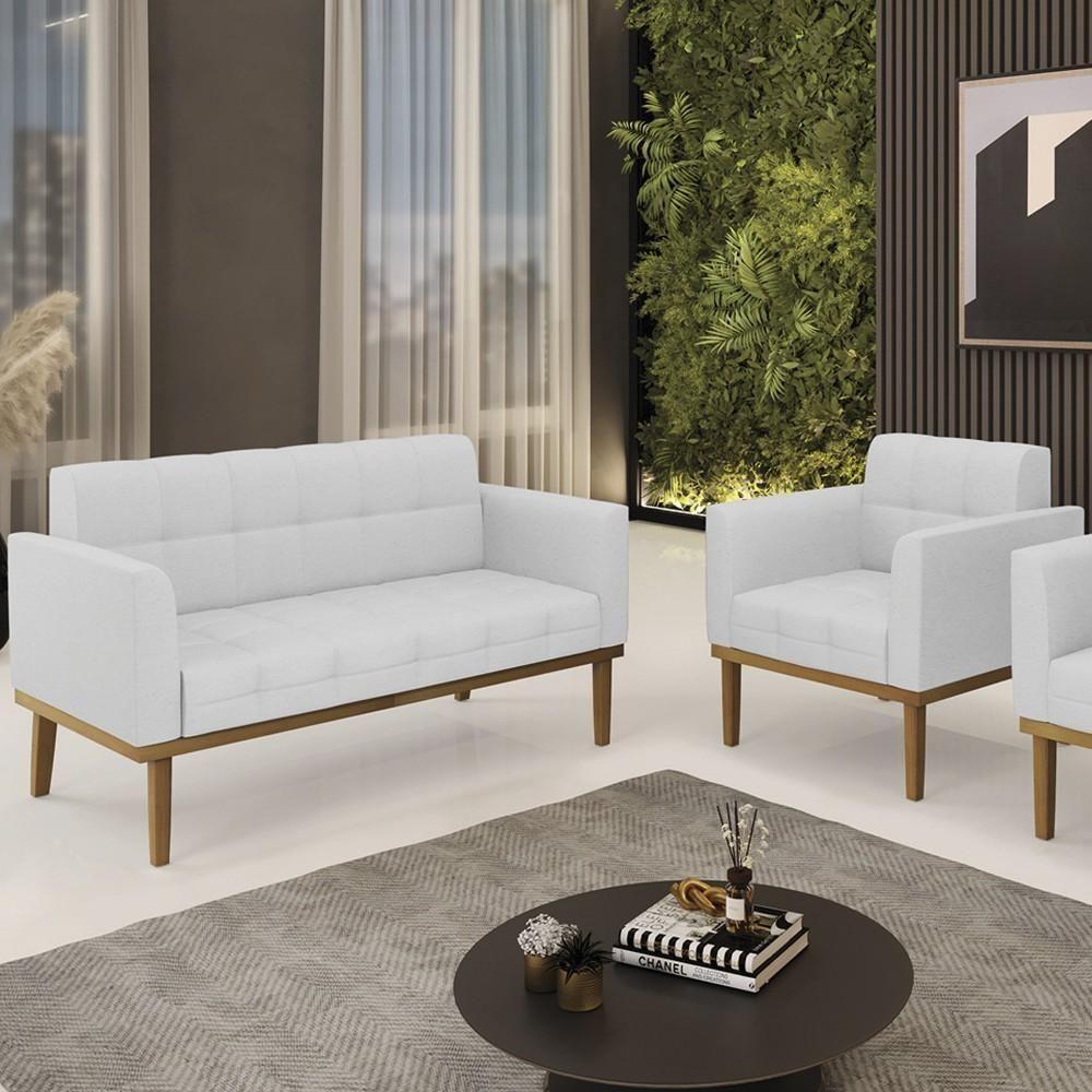 Sofá Namoradeira E 1 Poltrona Base Madeira Castanho Ana Linho Cinza - Ibiza - 2