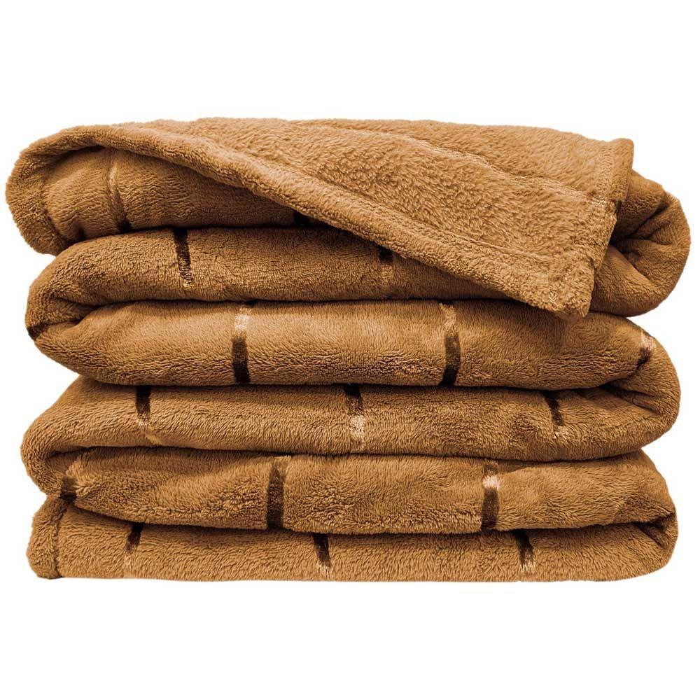 Cobertor Manta Fluffy Casal Queen 2,40m X 2,20m Listras Super Macio - Caramelo - 1