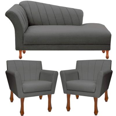 Kit Recamier Sofá Divã Clinica 160 + 2 Poltrona Iza Retro sintetico Cinza