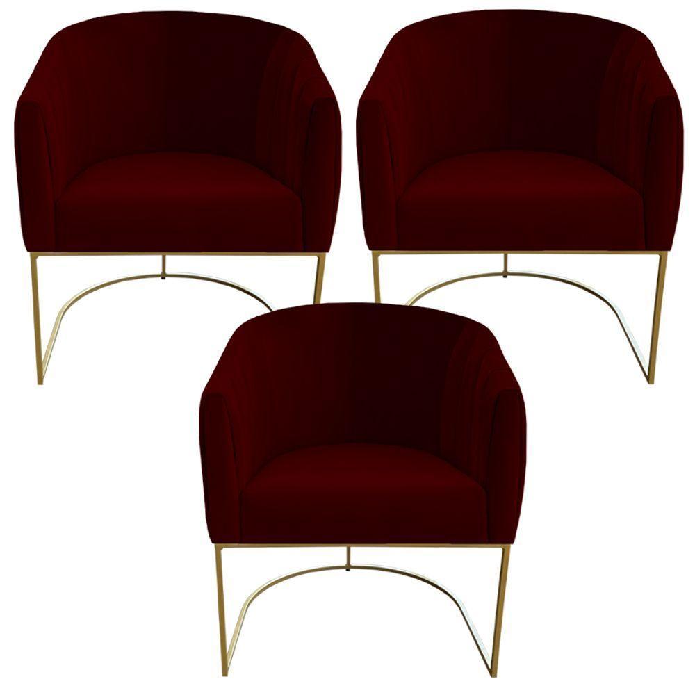 Kit 03 Poltrona Julia Com Base De Ferro Sala De Estar Escritório Recepção Clinica Suede Marsala D'classe Decor - 1