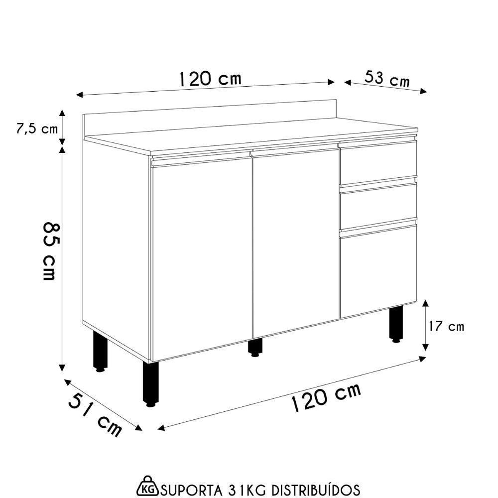 Balcão De Cozinha Com Tampo 120cm Maly N03 Carvalho-off White - Mpozenato - 4