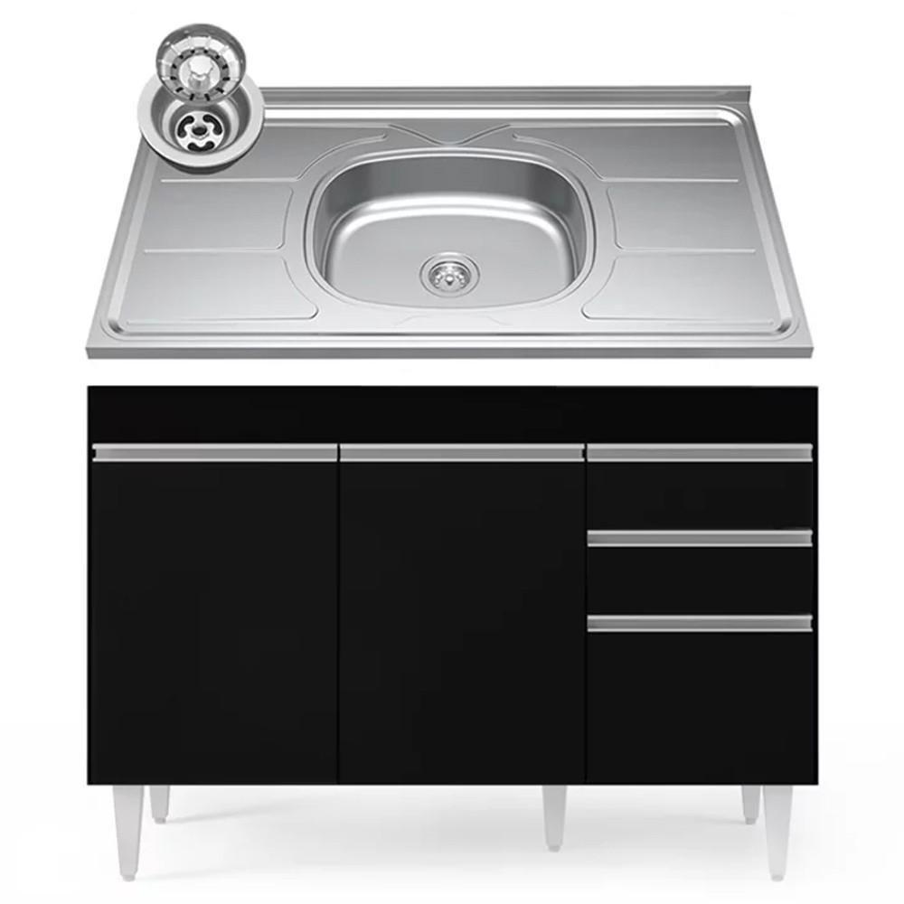 Balcão Gabinete Com Pia Inox 120cm Michigan Preto - Lumil - 1