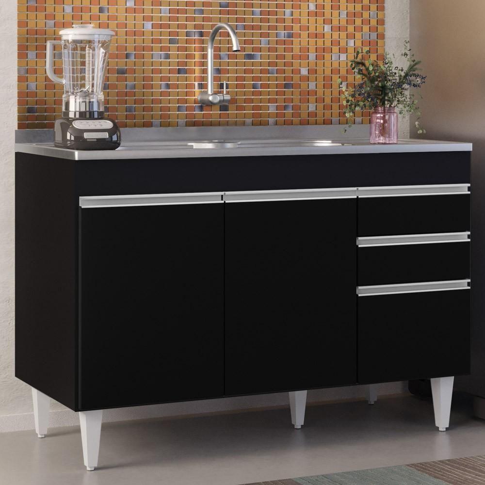 Balcão Gabinete Com Pia Inox 120cm Michigan Preto - Lumil - 4