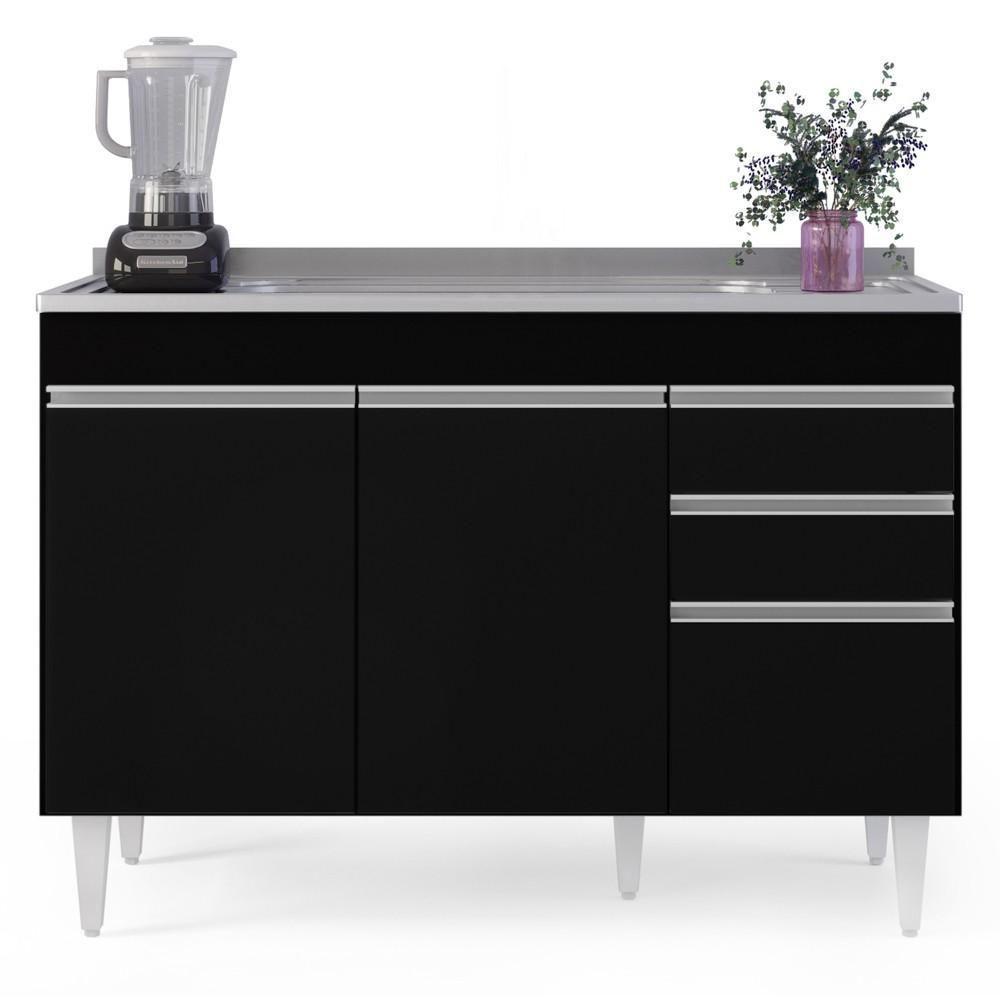 Balcão Gabinete Com Pia Inox 120cm Michigan Preto - Lumil - 5