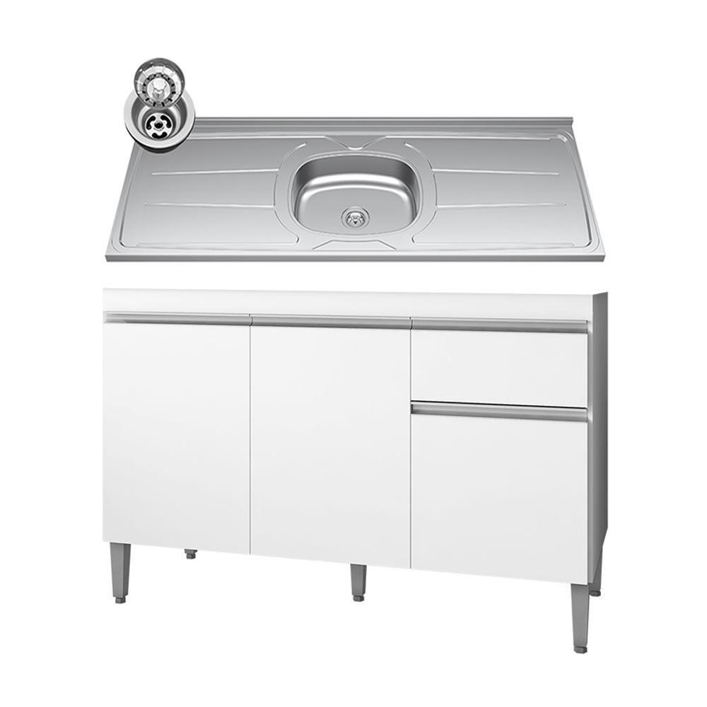Balcão Gabinete Com Pia Inox 120cm 3 Portas E 1 Gaveta Tatiane Branco - Ajl Móveis - 1