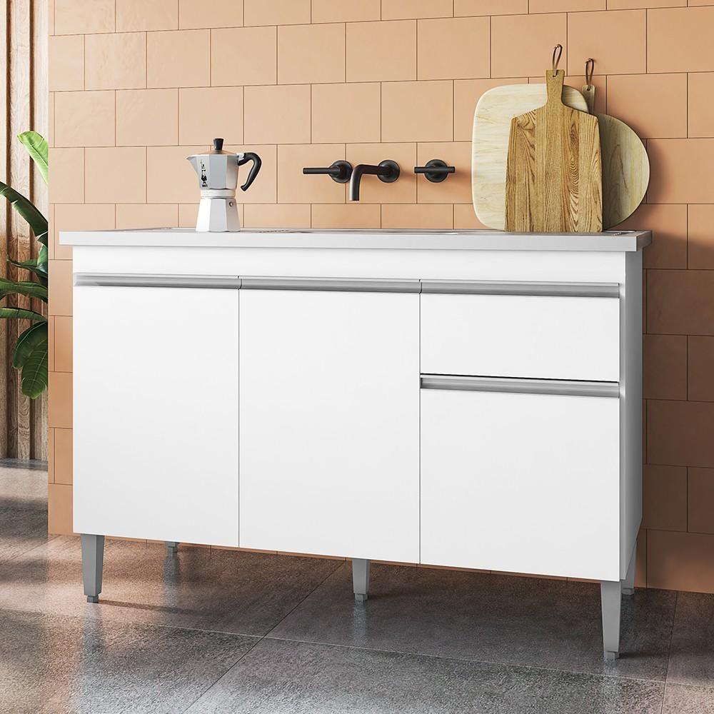 Balcão Gabinete Com Pia Inox 120cm 3 Portas E 1 Gaveta Tatiane Branco - Ajl Móveis - 2