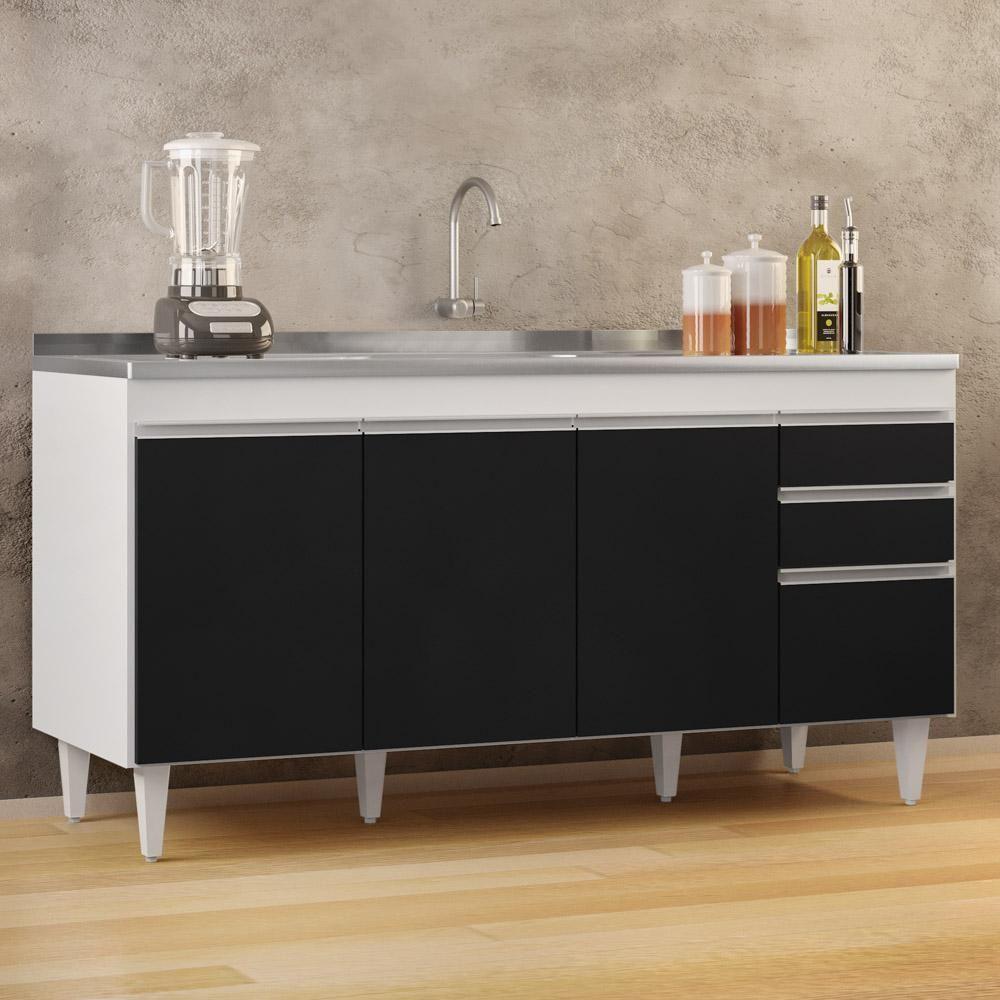 Balcão Gabinete Com Pia Inox 160cm Arkansas Branco-preto - Lumil - 1