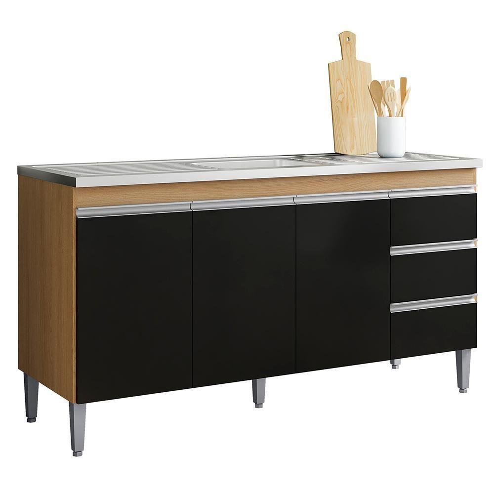 Balcão De Cozinha Com Pia Inox 160cm 3 Gavetas Andréia Amêndoa-preto - Ajl Móveis - 1