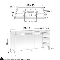 Balcão De Cozinha Com Pia Inox 160cm 3 Gavetas Andréia Amêndoa-preto - Ajl Móveis