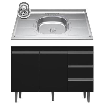 Balcão De Cozinha Com Pia Inox 100cm 3 Gavetas Andréia Preto - Ajl Móveis