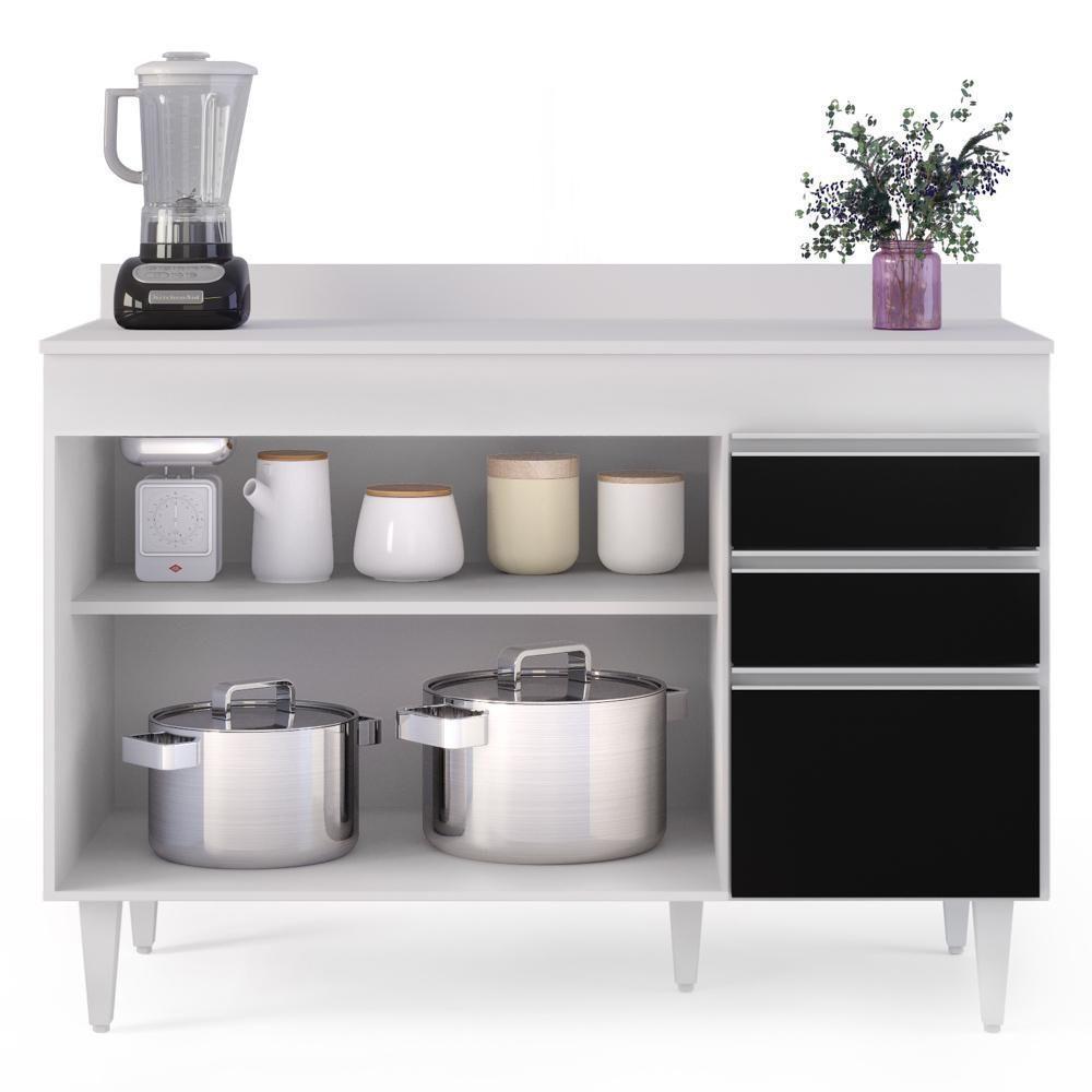 Balcão Gabinete Para Pia Com Tampo 120cm Michigan Branco-pto - Lumil - 3