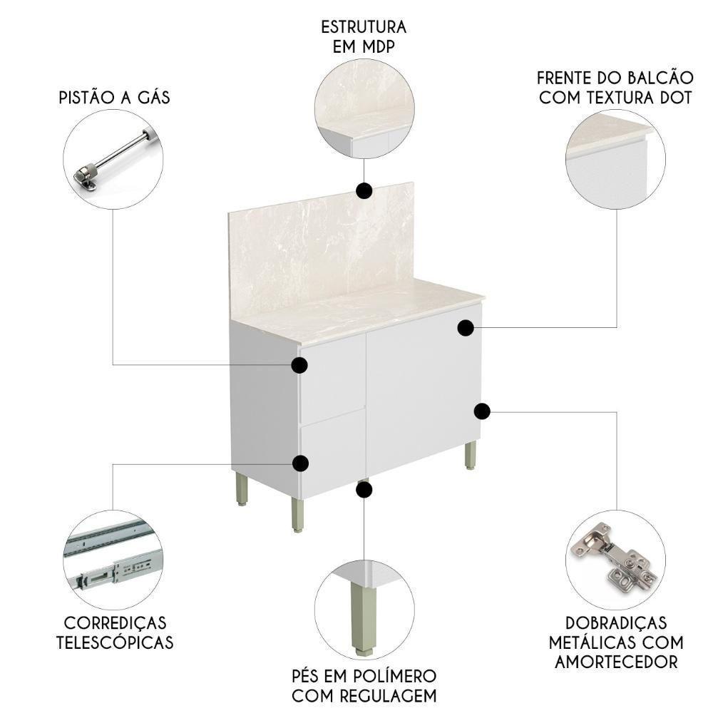 Balcão De Cozinha Com Tampo 120cm 3 Portas Minsk K02 Branco - Mpozenato - 3