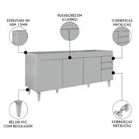 Balcão De Cozinha Para Pia 180cm 4 Portas Sem Tampo Dallas Cinza Claro - Lumil - 3