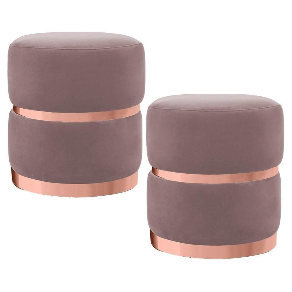 Kit 2 Puffs Decorativos Com Cinto E Aro Rosê Round C-305 Veludo Rosê - Domi - 1
